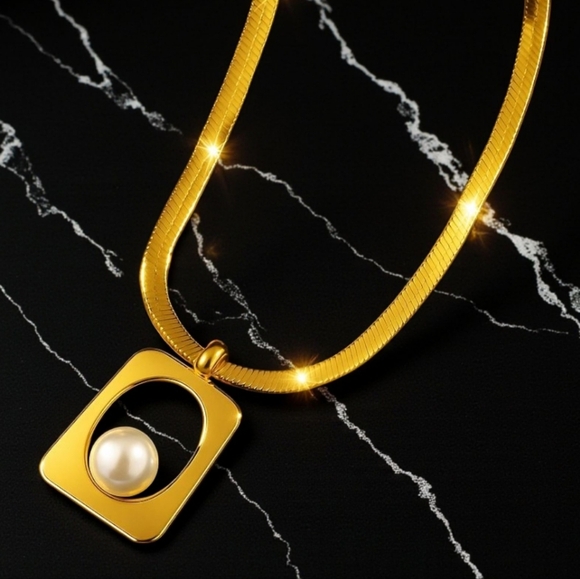 Elegant 18K Gold Plated Faux Pearl Necklace & Earrings Set Minimalist Design - Picture 6 of 10